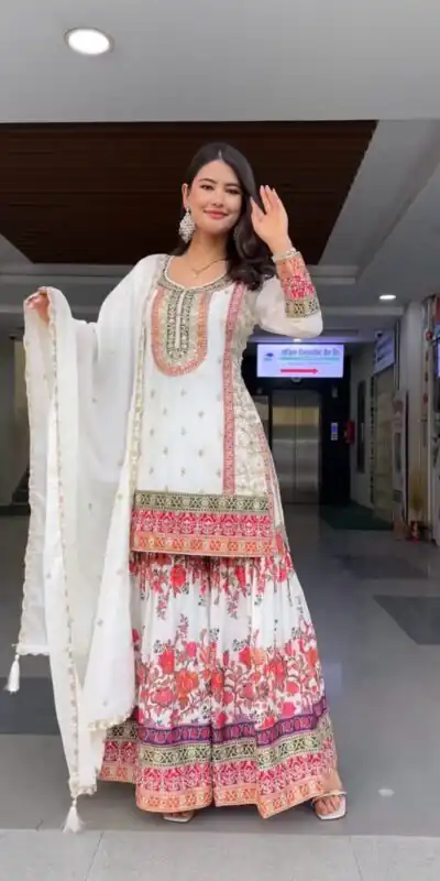 White Georgette Sequences Work Salwar Suit | Jump Suits, Salwar suit, Casual Suits, Creative suits, Designer Suits, Palazzo Suits, Party Wear Suits, Patiala Suits, Straight Suits