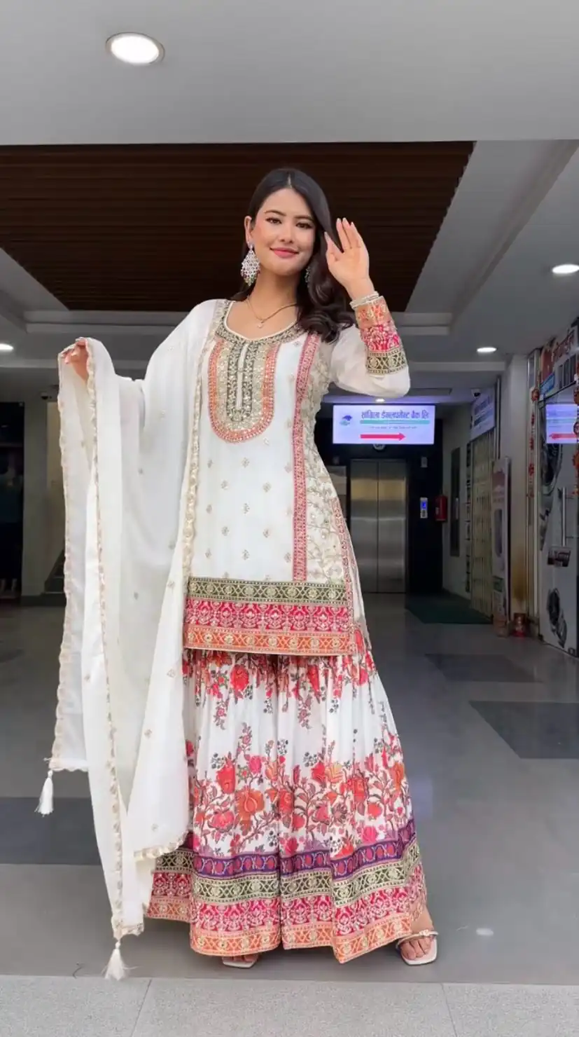 White Georgette Sequences Work Salwar Suit | Jump Suits, Salwar suit, Casual Suits, Creative suits, Designer Suits, Palazzo Suits, Party Wear Suits, Patiala Suits, Straight Suits