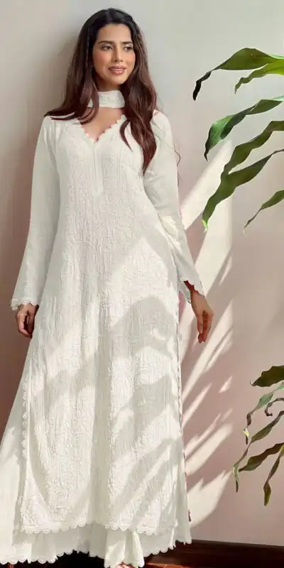 White Georgette Thread Embroidery Salwar Suit | Salwar suit, Casual Suits, Creative suits, Designer Suits, Palazzo Suits, Party Wear Suits, Patiala Suits, Straight Suits