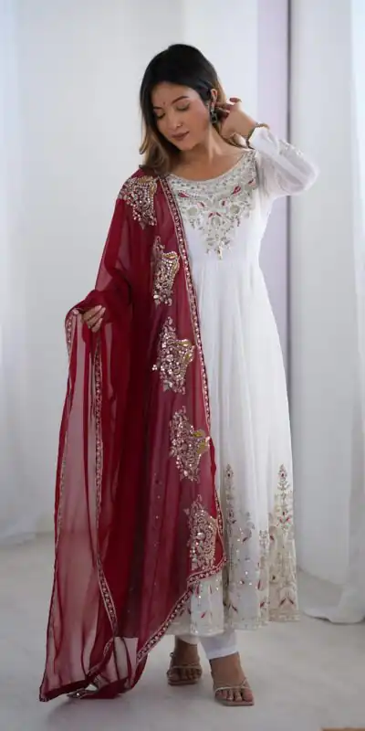 White Georgette With Embroidery Work Gown | Jump Suits, Salwar suit, Casual Suits, Creative suits, Designer Suits, Palazzo Suits, Party Wear Suits, Patiala Suits, Straight Suits