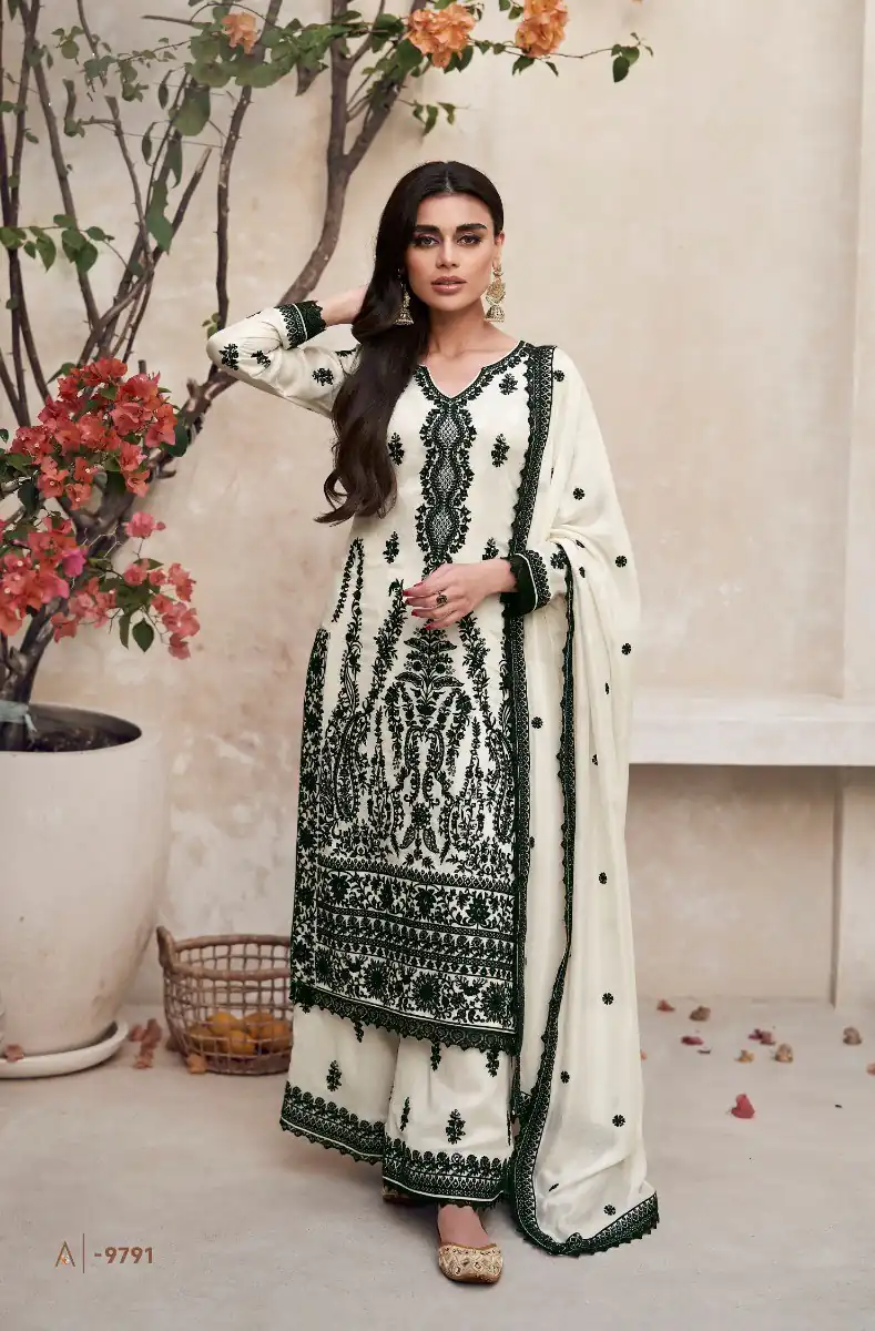 White Heavy Vichitra Embroidery Sharara Suit | Jump Suits, Salwar suit, Casual Suits, Creative suits, Designer Suits, Palazzo Suits, Party Wear Suits, Patiala Suits, Straight Suits