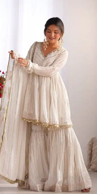 White Mal Chanderi Mirror Work Salwar Suit | Jump Suits, Tops & Bottoms, Track Suits, Salwar suit, Casual Suits, Creative suits, Designer Suits, Palazzo Suits, Party Wear Suits, Patiala Suits, Straight Suits, Trendy Wear