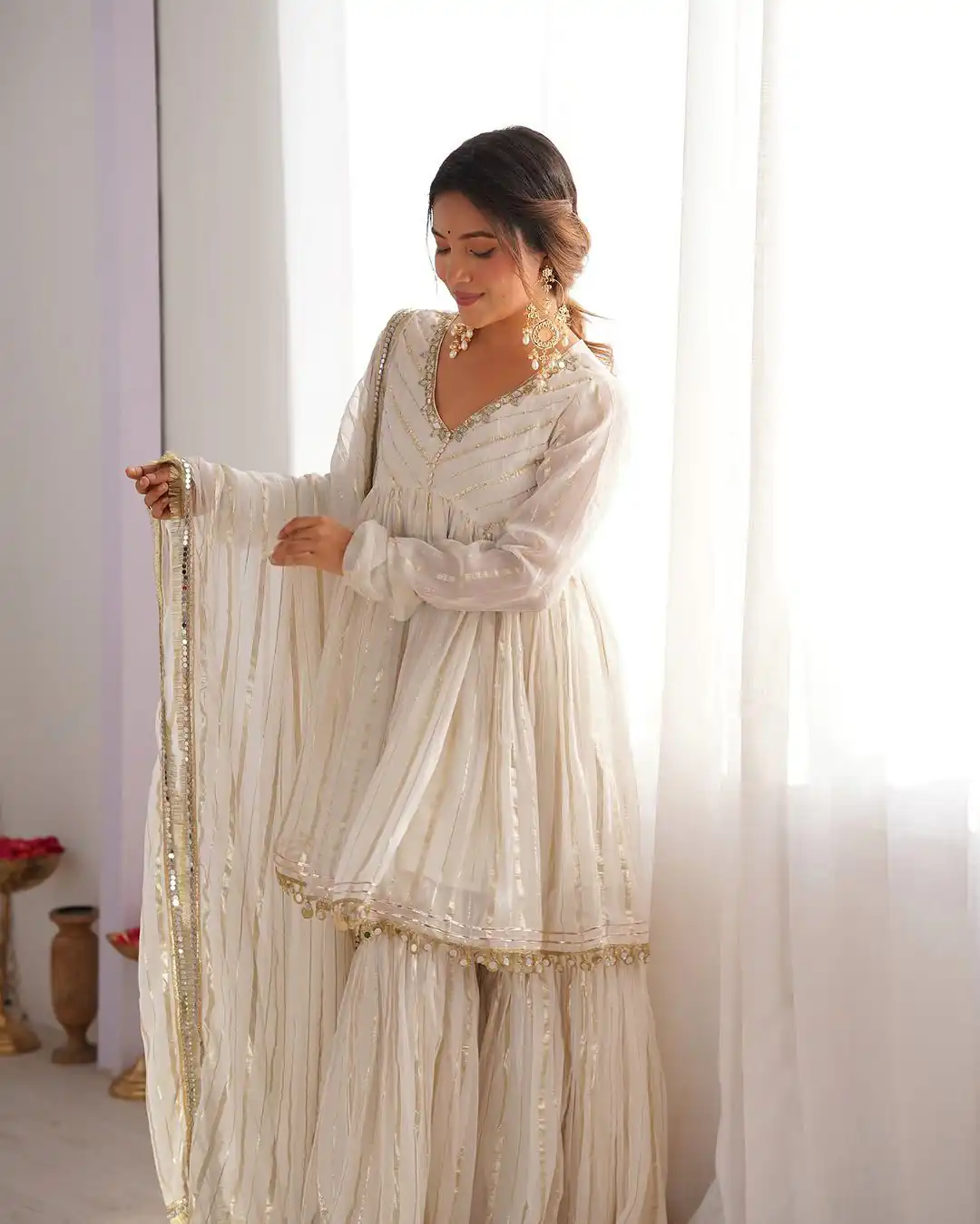 White Mal Chanderi Mirror Work Salwar Suit | Jump Suits, Tops & Bottoms, Track Suits, Salwar suit, Casual Suits, Creative suits, Designer Suits, Palazzo Suits, Party Wear Suits, Patiala Suits, Straight Suits, Trendy Wear