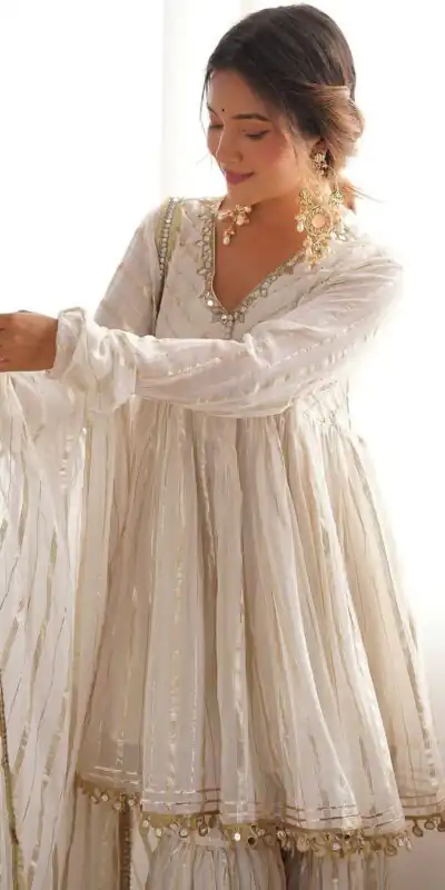 White Mal Chanderi Mirror Work Salwar Suit | Jump Suits, Tops & Bottoms, Track Suits, Salwar suit, Casual Suits, Creative suits, Designer Suits, Palazzo Suits, Party Wear Suits, Patiala Suits, Straight Suits, Trendy Wear
