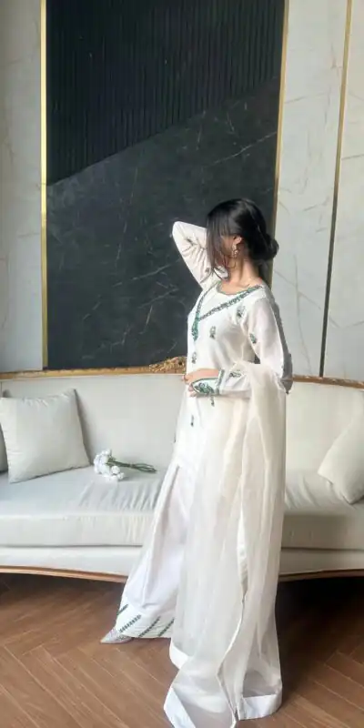 White Natural Crap Embroidery Mirror Work Salwar Suit | Jump Suits, Salwar suit, Casual Suits, Creative suits, Designer Suits, Palazzo Suits, Party Wear Suits, Patiala Suits, Straight Suits