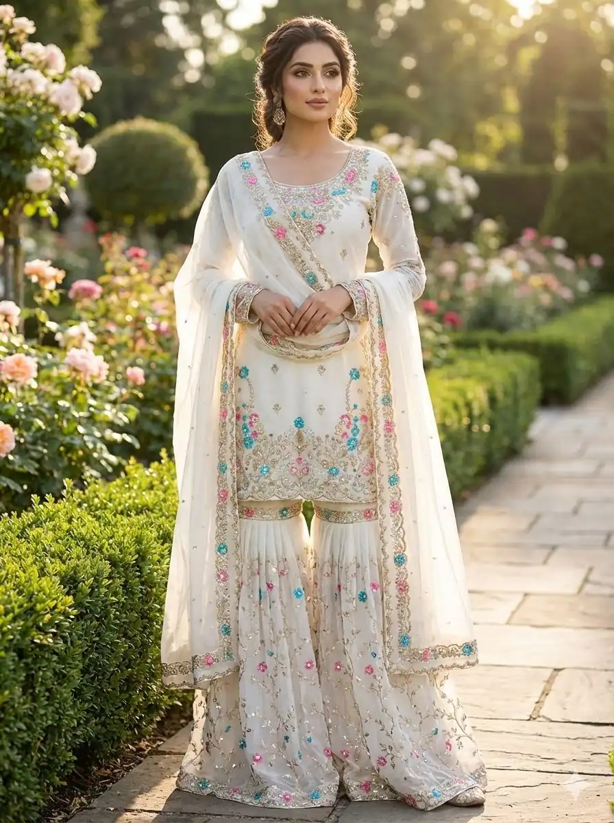White Organza Silk Sequence Moti Work Salwar Suit | Jump Suits, Salwar suit, Casual Suits, Creative suits, Designer Suits, Palazzo Suits, Party Wear Suits, Patiala Suits, Straight Suits