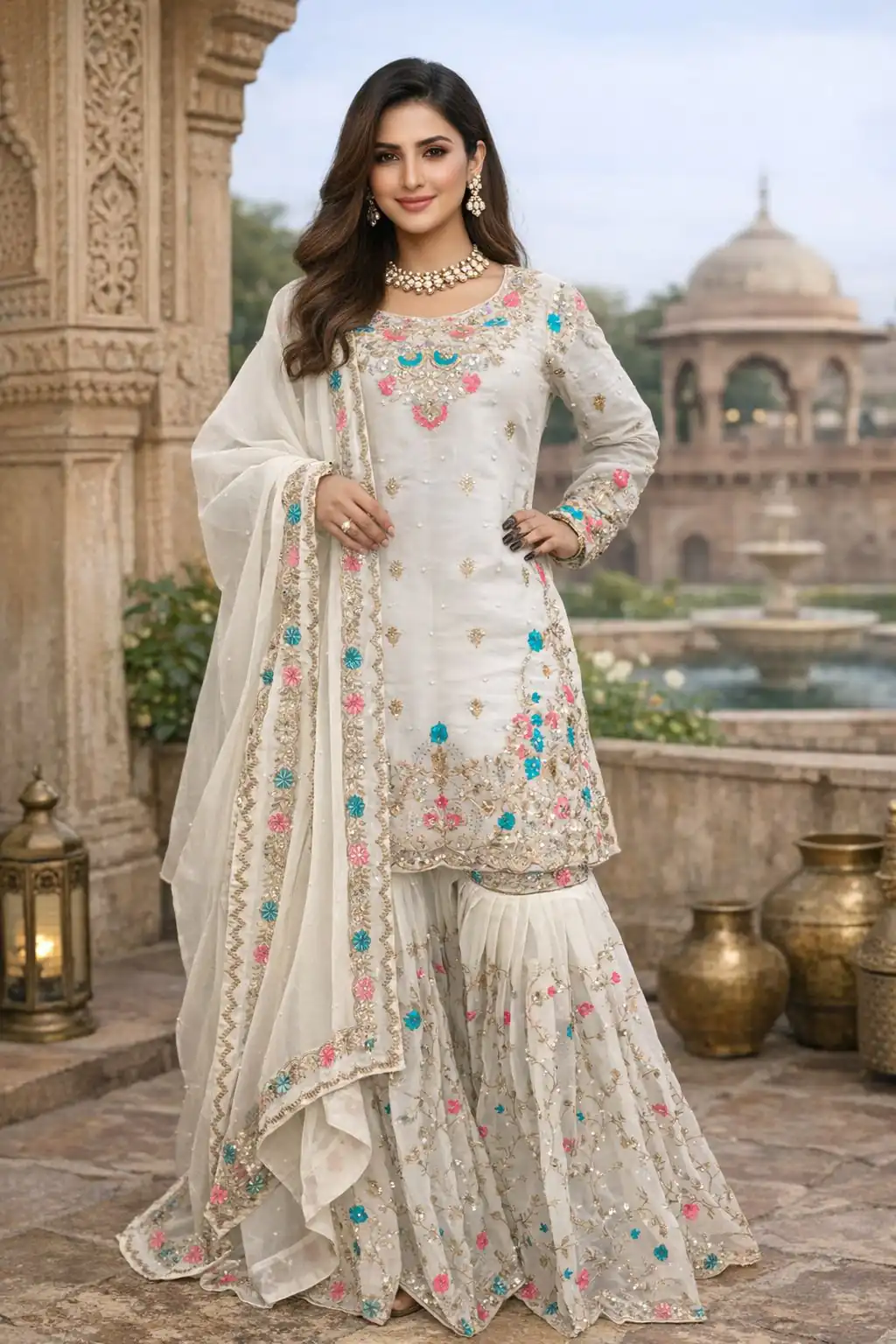 White Organza Silk Sequence Moti Work Salwar Suit | Jump Suits, Salwar suit, Casual Suits, Creative suits, Designer Suits, Palazzo Suits, Party Wear Suits, Patiala Suits, Straight Suits
