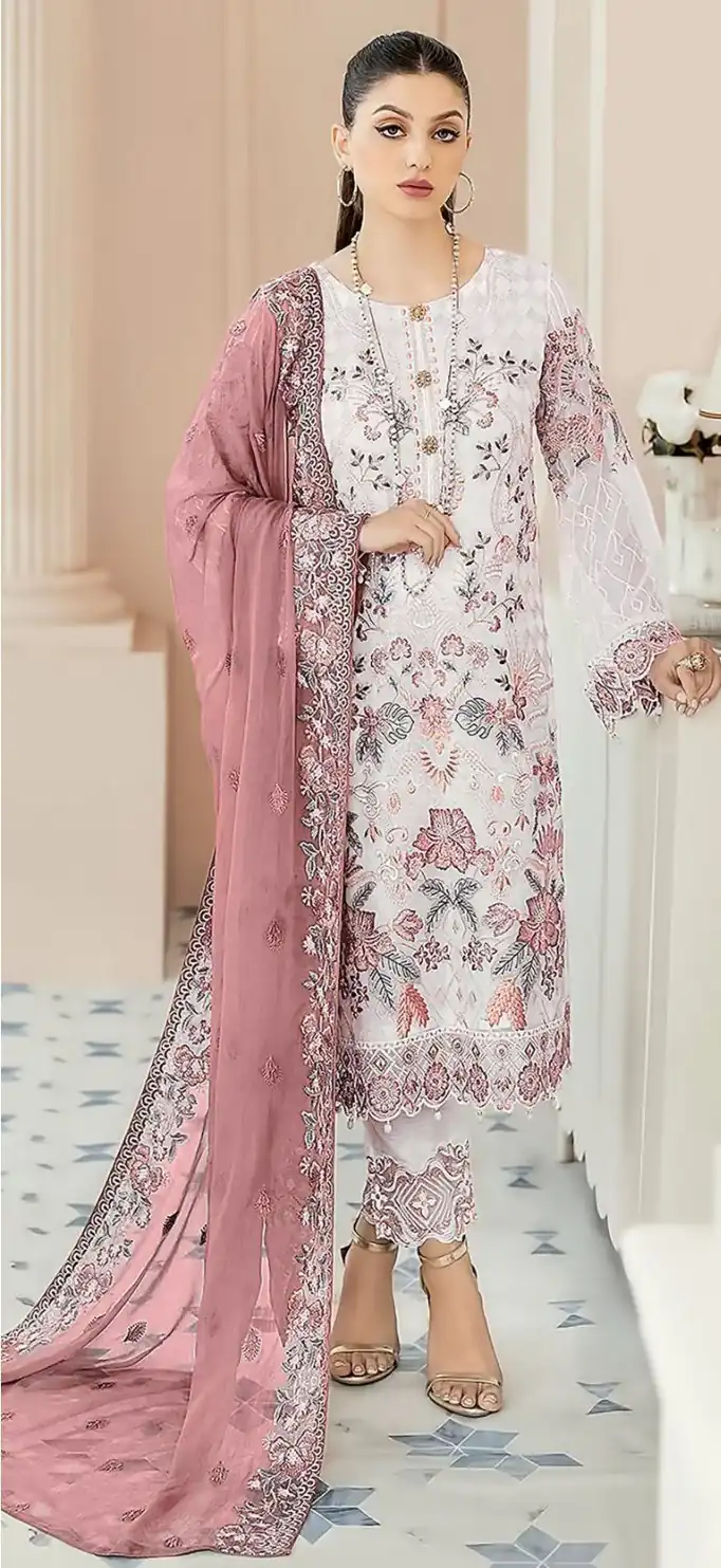 White & Peach Georgette Embroidery Salwar Suit | Salwar suit, Casual Suits, Creative suits, Designer Suits, Palazzo Suits, Party Wear Suits, Patiala Suits, Straight Suits