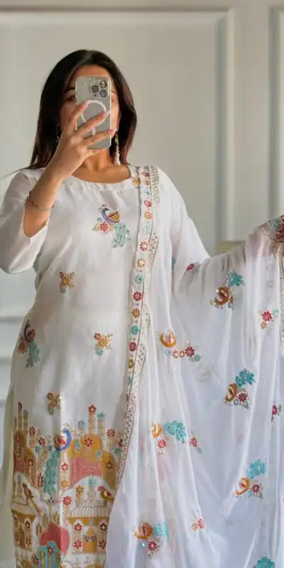 White Roman Silk With Embroidery Work Salwar Suit | Jump Suits, Salwar suit, Casual Suits, Creative suits, Designer Suits, Palazzo Suits, Party Wear Suits, Patiala Suits, Straight Suits