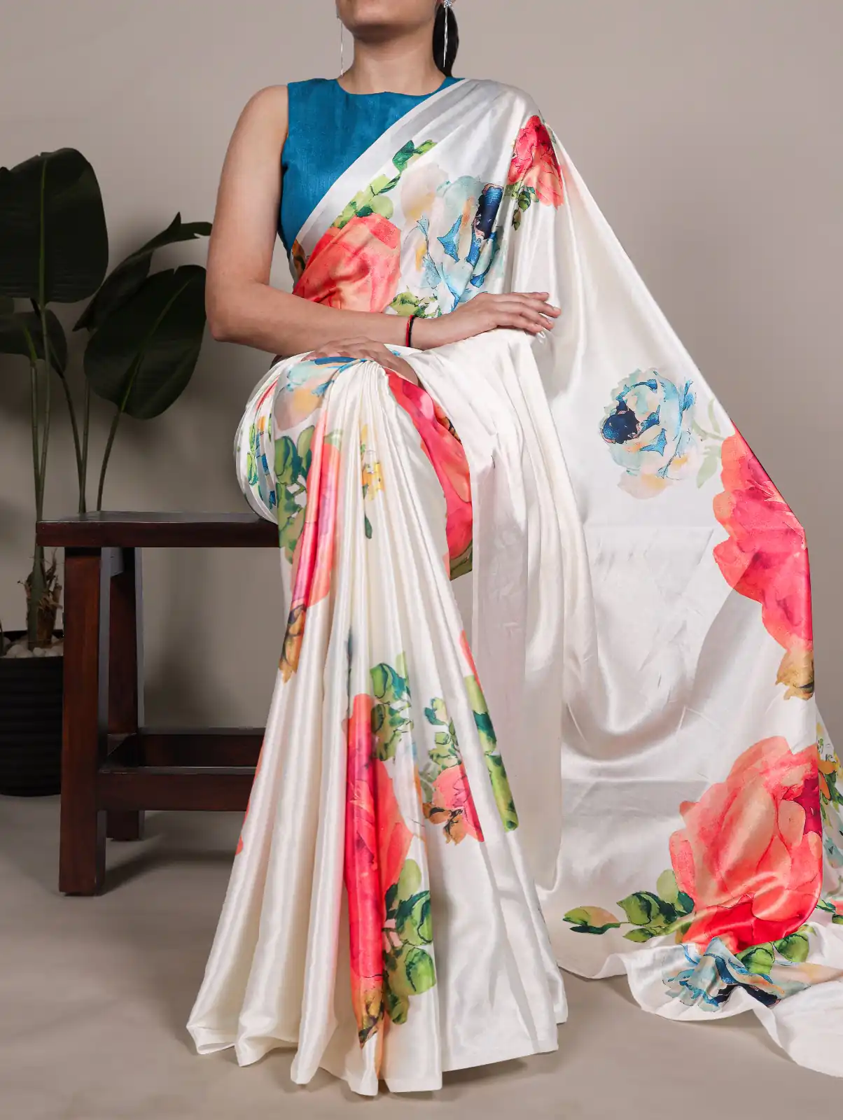 White Satin Silk Floral Print Saree | Sarees, Bollywood Sarees, Creative Sarees, Designer Sarees, Embroidered Sarees, Ethnic Saree, Modern Digital sarees, Party Wear Sarees