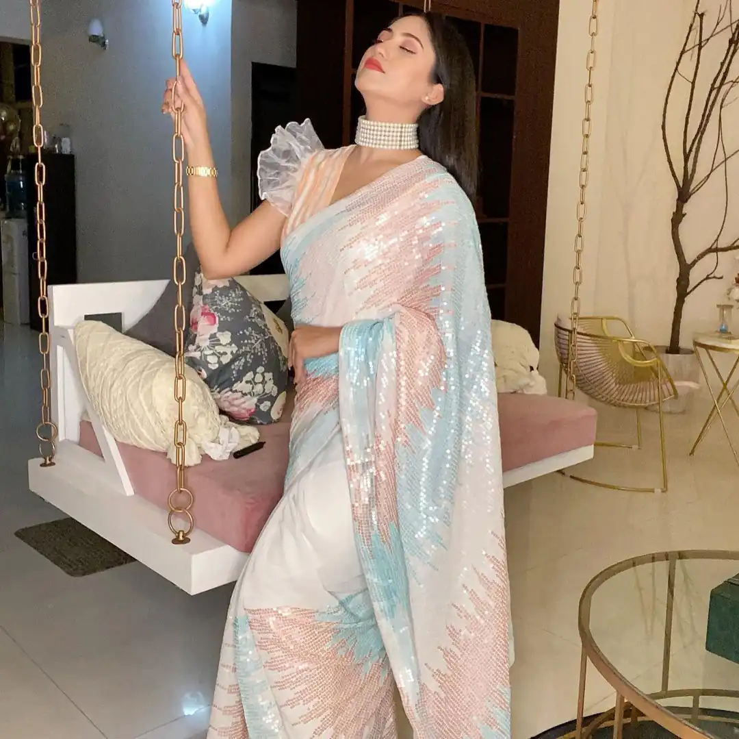 White Soft Georgette Shaded Sequin Saree | Sarees, Bollywood Sarees, Creative Sarees, Designer Sarees, Embroidered Sarees, Ethnic Saree, Modern Digital sarees, Party Wear Sarees