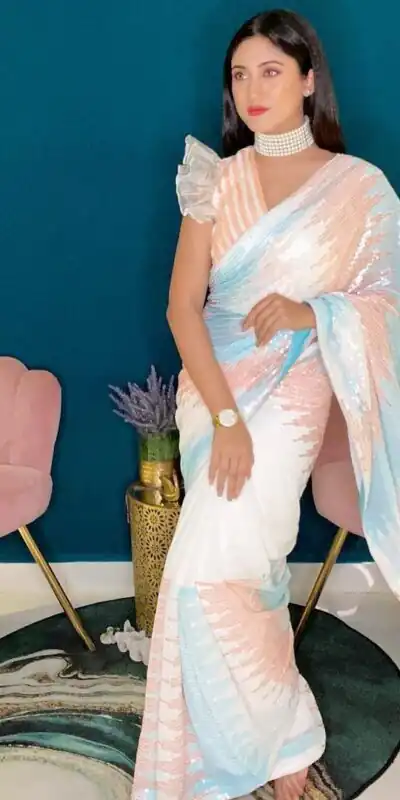 White Soft Georgette Shaded Sequin Saree | Sarees, Bollywood Sarees, Creative Sarees, Designer Sarees, Embroidered Sarees, Ethnic Saree, Modern Digital sarees, Party Wear Sarees