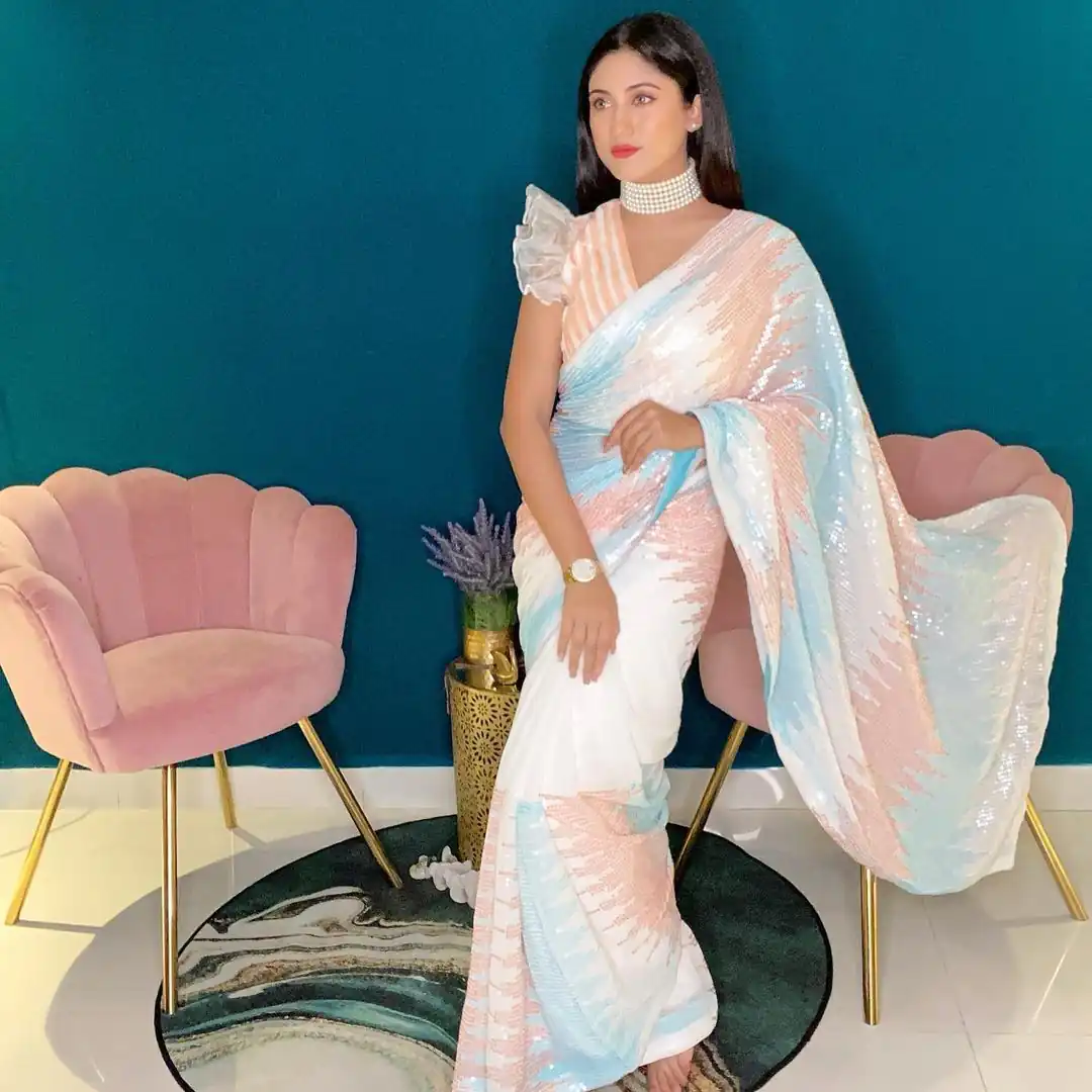 White Soft Georgette Shaded Sequin Saree | Sarees, Bollywood Sarees, Creative Sarees, Designer Sarees, Embroidered Sarees, Ethnic Saree, Modern Digital sarees, Party Wear Sarees