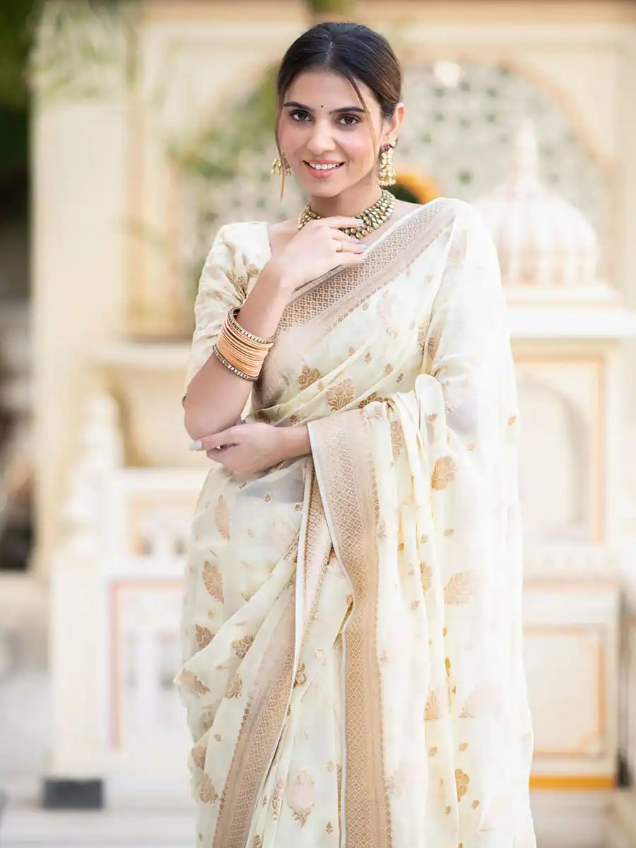White Soft Lichi Silk Jacquard Work Saree | Sarees, Bollywood Sarees, Creative Sarees, Designer Sarees, Embroidered Sarees, Ethnic Saree, Modern Digital sarees, Party Wear Sarees