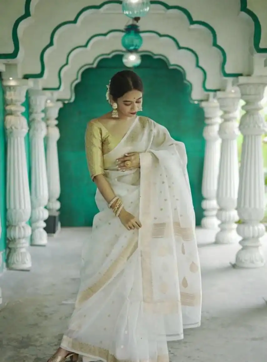 White Soft Lilan Slab Weaving Work Saree | Sarees, Bollywood Sarees, Creative Sarees, Designer Sarees, Embroidered Sarees, Ethnic Saree, Modern Digital sarees, Party Wear Sarees