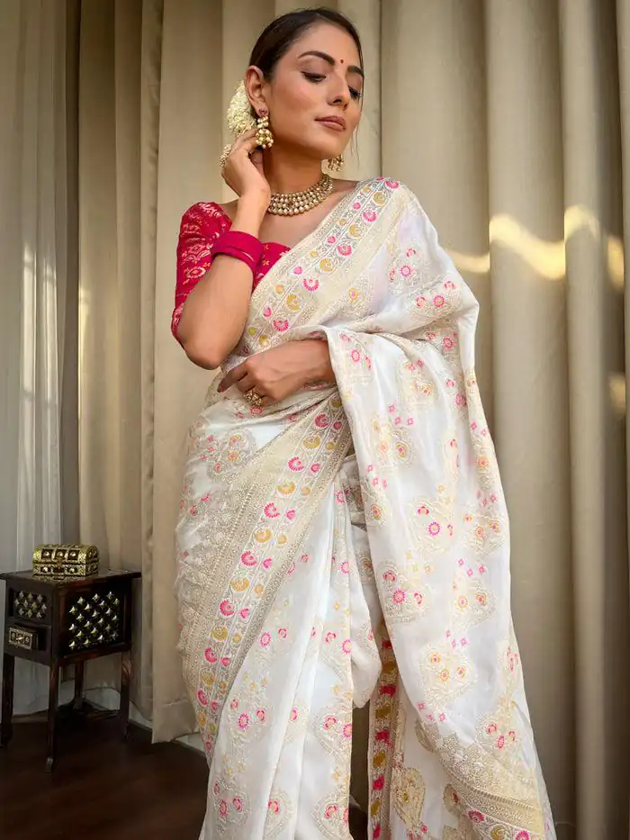 White Soft Litchi Silk Kubera Pattu On All Over Saree | Sarees, Bollywood Sarees, Creative Sarees, Designer Sarees, Embroidered Sarees, Ethnic Saree, Modern Digital sarees, Party Wear Sarees