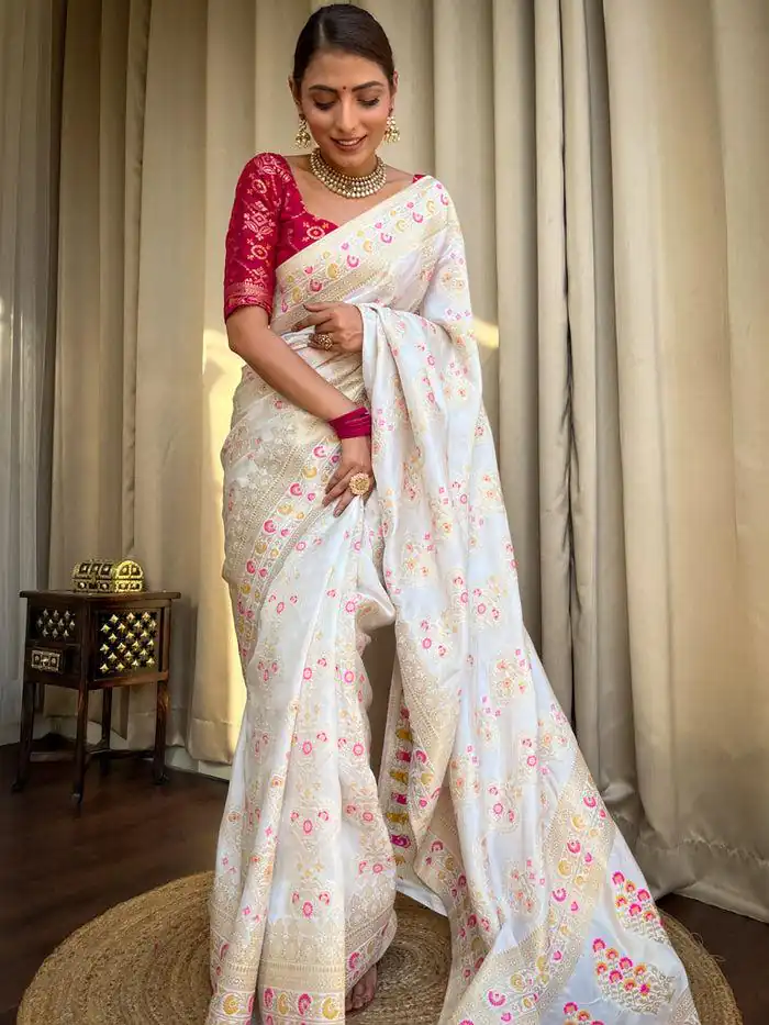 White Soft Litchi Silk Kubera Pattu On All Over Saree | Sarees, Bollywood Sarees, Creative Sarees, Designer Sarees, Embroidered Sarees, Ethnic Saree, Modern Digital sarees, Party Wear Sarees