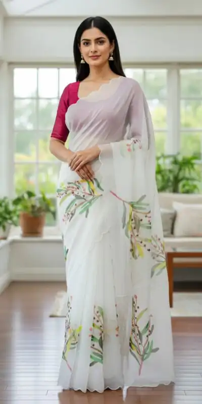 White TB Organza Digital Print Saree | Sarees, Bollywood Sarees, Creative Sarees, Designer Sarees, Embroidered Sarees, Ethnic Saree, Modern Digital sarees, Party Wear Sarees