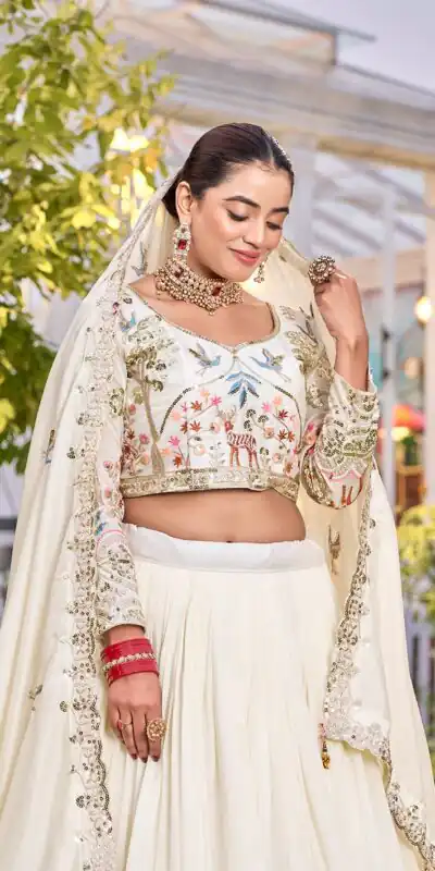 White Vichitra Silk Thread Work Lehenga Choli | Lehenga, Bollywood Lehenga, Creative Lehenga, Designer Lehenga, Embroidered Lehenga, Party Wear Lehenga