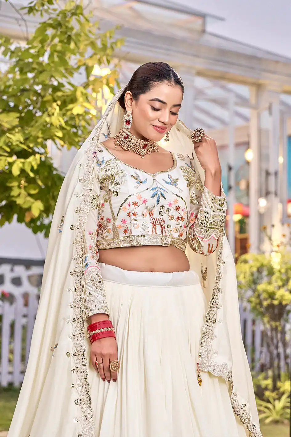 White Vichitra Silk Thread Work Lehenga Choli | Lehenga, Bollywood Lehenga, Creative Lehenga, Designer Lehenga, Embroidered Lehenga, Party Wear Lehenga