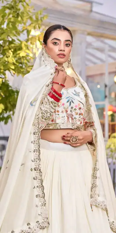 White Vichitra Silk Thread Work Lehenga Choli | Lehenga, Bollywood Lehenga, Creative Lehenga, Designer Lehenga, Embroidered Lehenga, Party Wear Lehenga