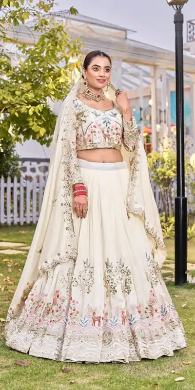 White Vichitra Silk Thread Work Lehenga Choli | Lehenga, Bollywood Lehenga, Creative Lehenga, Designer Lehenga, Embroidered Lehenga, Party Wear Lehenga