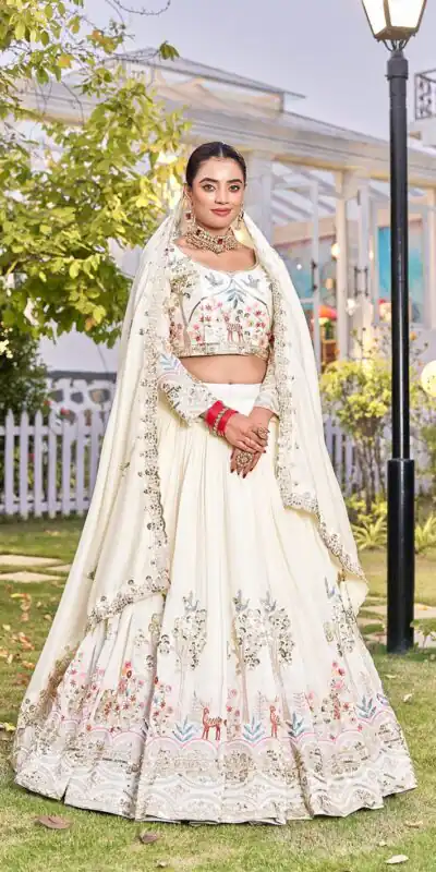 White Vichitra Silk Thread Work Lehenga Choli | Lehenga, Bollywood Lehenga, Creative Lehenga, Designer Lehenga, Embroidered Lehenga, Party Wear Lehenga