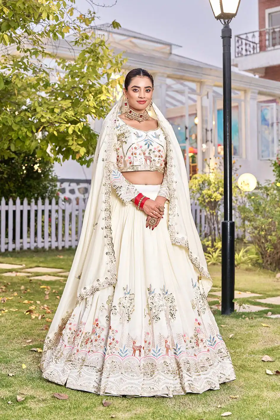 White Vichitra Silk Thread Work Lehenga Choli | Lehenga, Bollywood Lehenga, Creative Lehenga, Designer Lehenga, Embroidered Lehenga, Party Wear Lehenga