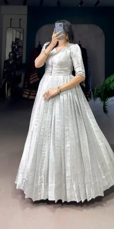 White Zari Weaving Work Gown | Gowns, Bollywood Gowns, Creative Gowns, Designer Gowns, Embroidered Gowns, Party Wear Gowns