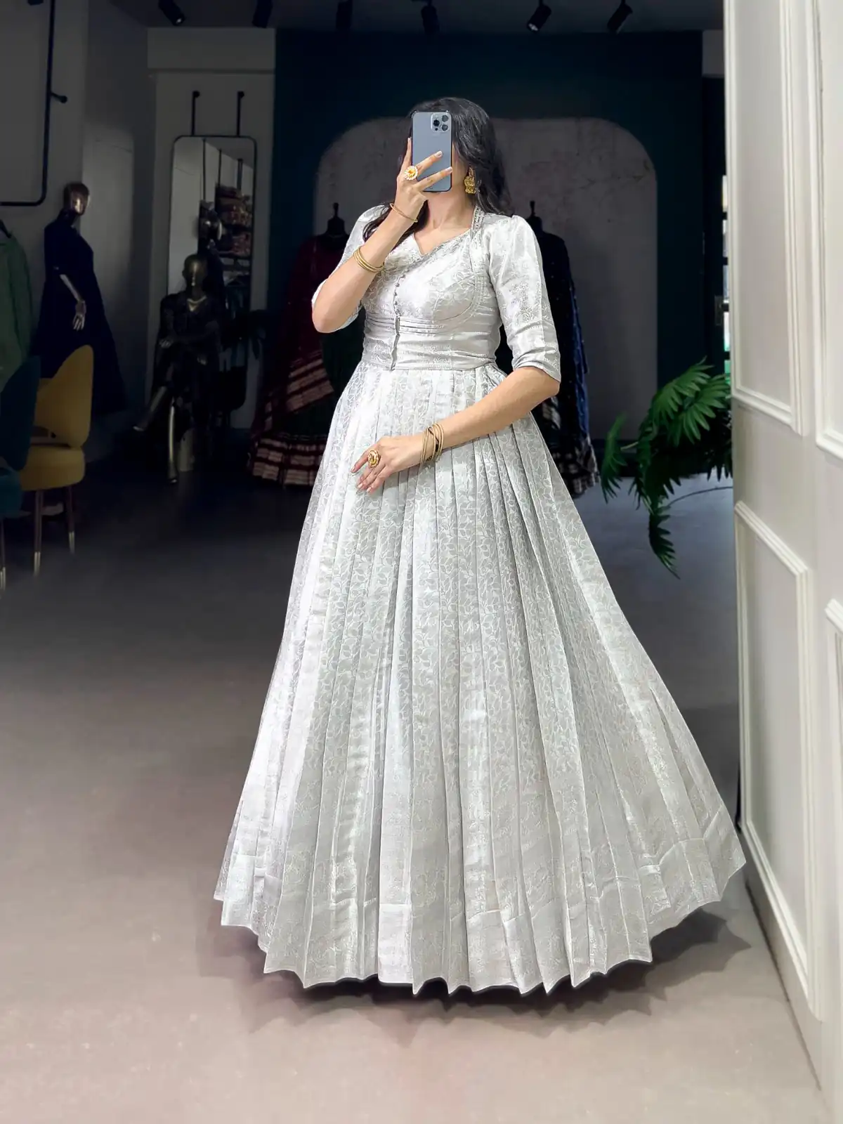 White Zari Weaving Work Gown | Gowns, Bollywood Gowns, Creative Gowns, Designer Gowns, Embroidered Gowns, Party Wear Gowns