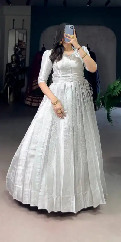 White Zari Weaving Work Gown | Gowns, Bollywood Gowns, Creative Gowns, Designer Gowns, Embroidered Gowns, Party Wear Gowns