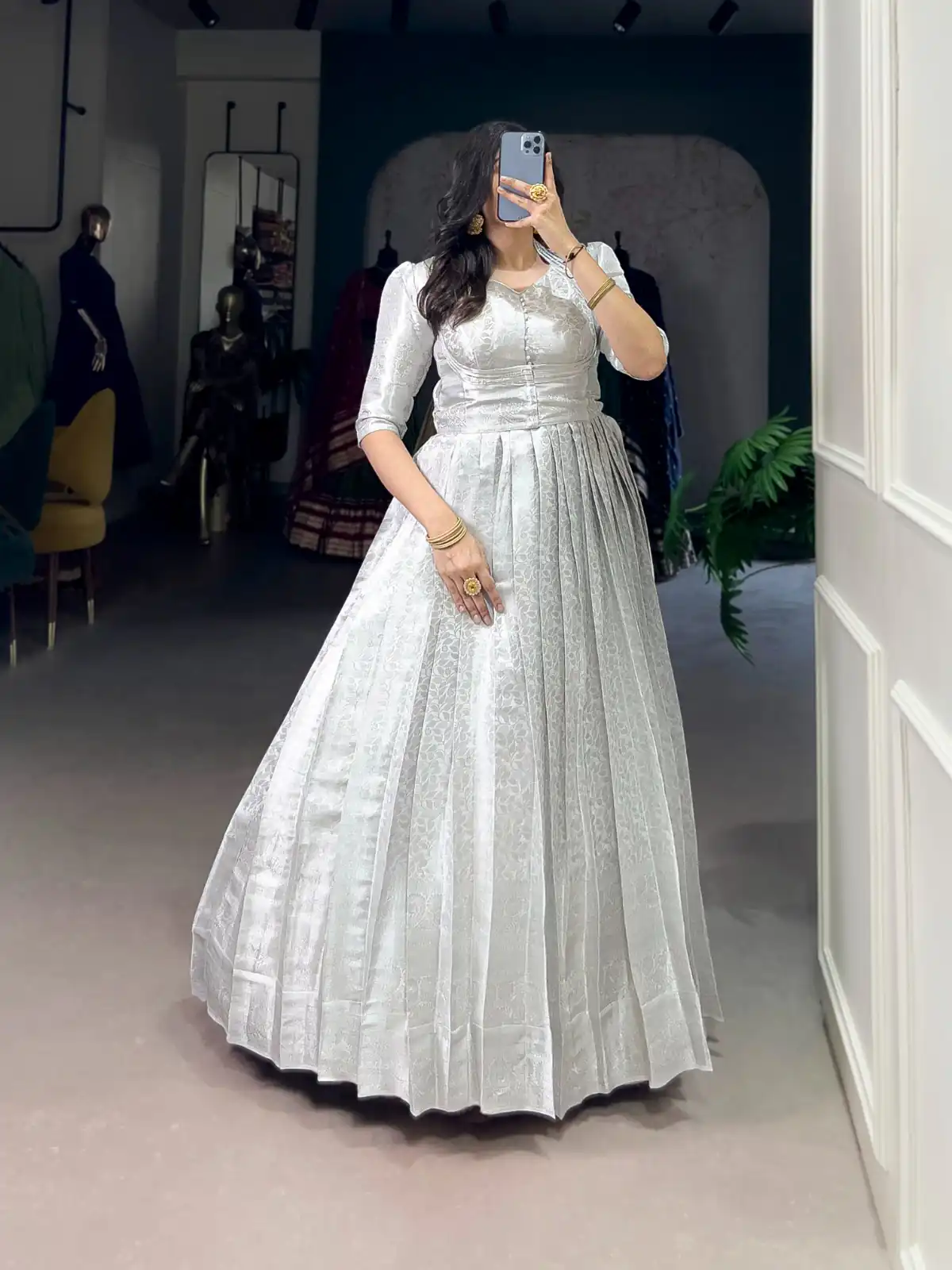 White Zari Weaving Work Gown | Gowns, Bollywood Gowns, Creative Gowns, Designer Gowns, Embroidered Gowns, Party Wear Gowns