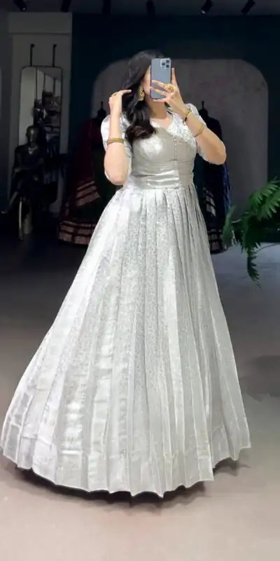 White Zari Weaving Work Gown | Gowns, Bollywood Gowns, Creative Gowns, Designer Gowns, Embroidered Gowns, Party Wear Gowns