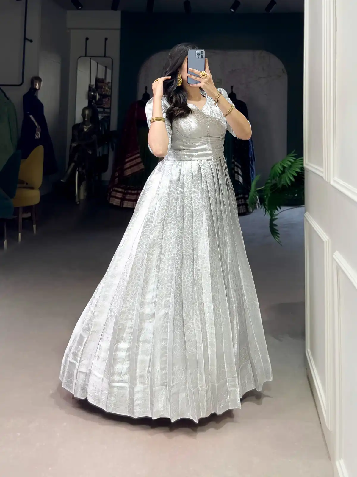 White Zari Weaving Work Gown | Gowns, Bollywood Gowns, Creative Gowns, Designer Gowns, Embroidered Gowns, Party Wear Gowns