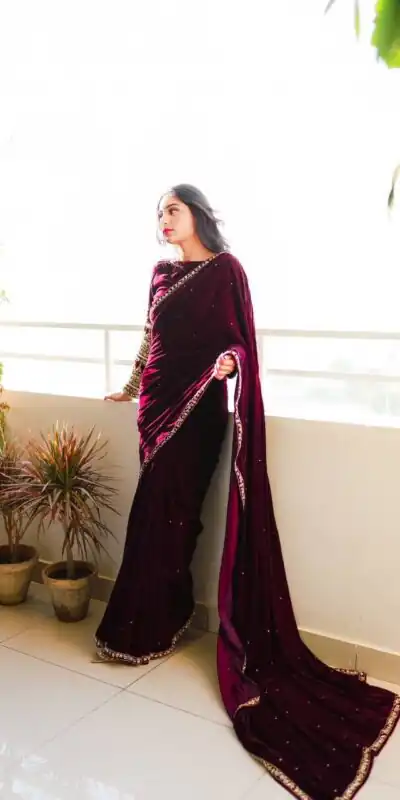 Wine 9000 Velvet Embroidery Lace Work Saree | Sarees, Bollywood Sarees, Creative Sarees, Designer Sarees, Embroidered Sarees, Ethnic Saree, Modern Digital sarees, Party Wear Sarees