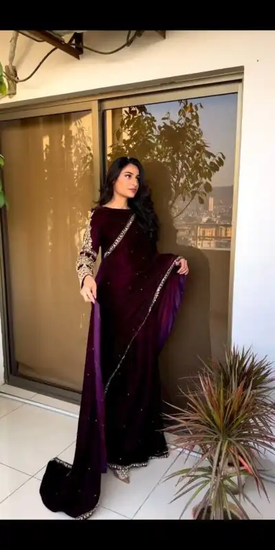 Wine 9000 Velvet Embroidery Lace Work Saree | Sarees, Bollywood Sarees, Creative Sarees, Designer Sarees, Embroidered Sarees, Ethnic Saree, Modern Digital sarees, Party Wear Sarees