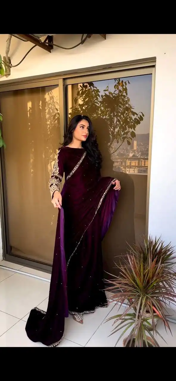 Wine 9000 Velvet Embroidery Lace Work Saree | Sarees, Bollywood Sarees, Creative Sarees, Designer Sarees, Embroidered Sarees, Ethnic Saree, Modern Digital sarees, Party Wear Sarees