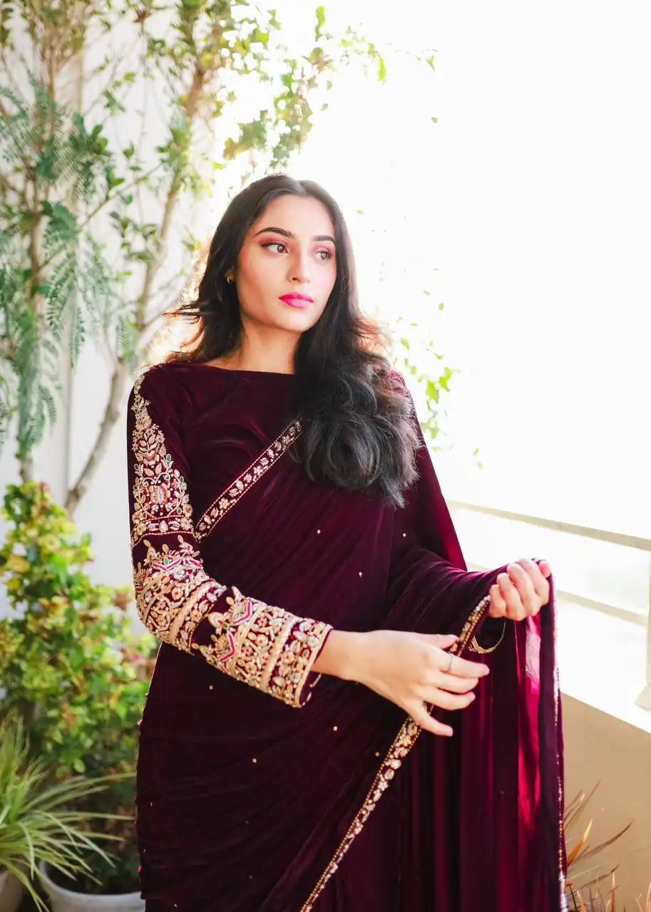 Wine 9000 Velvet Embroidery Lace Work Saree | Sarees, Bollywood Sarees, Creative Sarees, Designer Sarees, Embroidered Sarees, Ethnic Saree, Modern Digital sarees, Party Wear Sarees