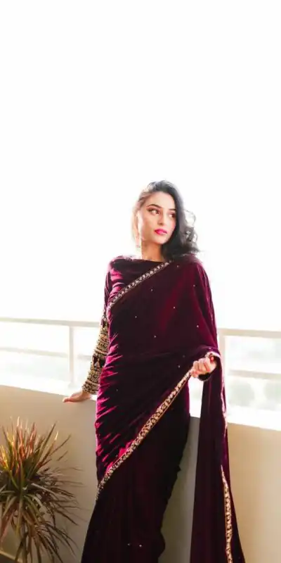 Wine 9000 Velvet Embroidery Lace Work Saree | Sarees, Bollywood Sarees, Creative Sarees, Designer Sarees, Embroidered Sarees, Ethnic Saree, Modern Digital sarees, Party Wear Sarees