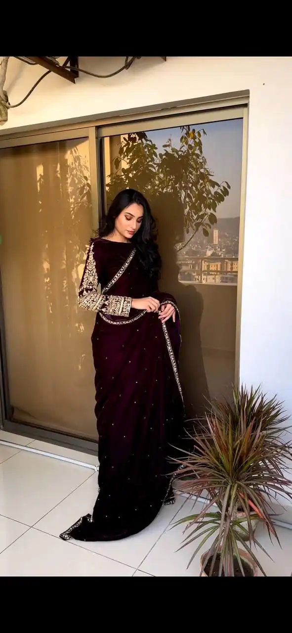 Wine 9000 Velvet Embroidery Lace Work Saree | Sarees, Bollywood Sarees, Creative Sarees, Designer Sarees, Embroidered Sarees, Ethnic Saree, Modern Digital sarees, Party Wear Sarees