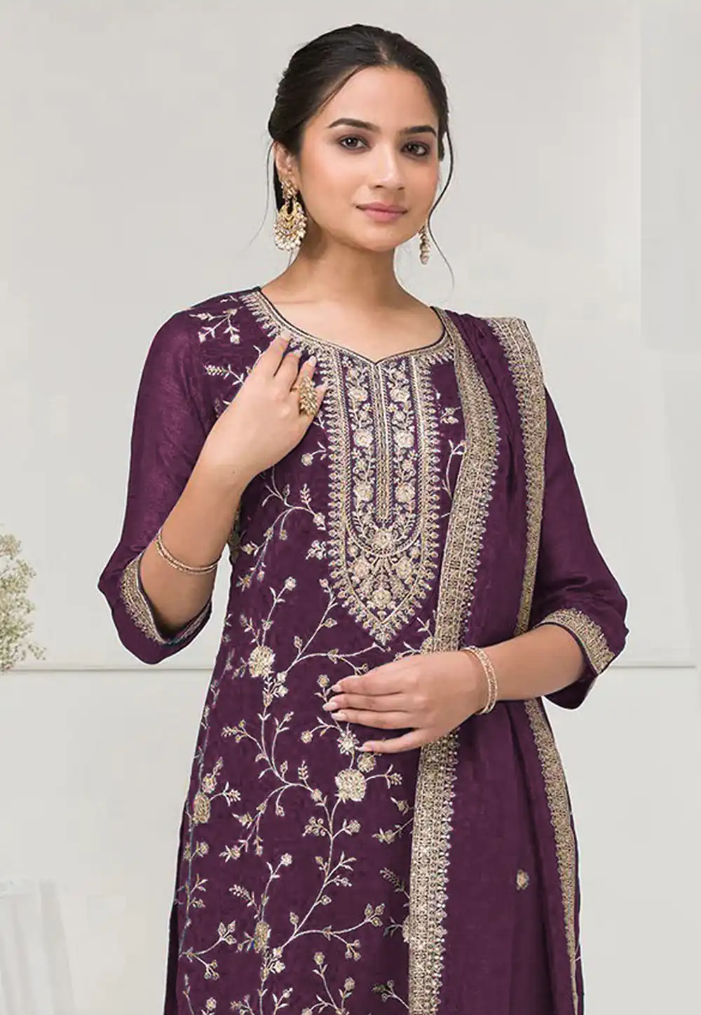 Wine Blooming Vichitra Embroidery Work Salwar Suit | Jump Suits, Tops & Bottoms, Track Suits, Salwar suit, Casual Suits, Creative suits, Designer Suits, Palazzo Suits, Party Wear Suits, Patiala Suits, Straight Suits, Trendy Wear