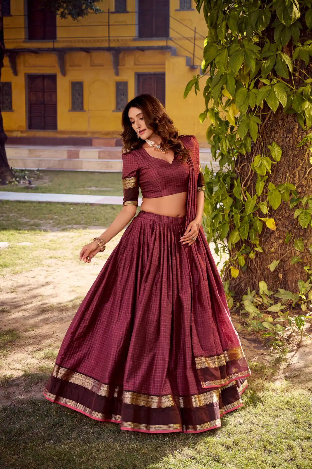 Wine Chettinad Cotton Chex Zari Work Lehenga Choli | Lehenga, Bollywood Lehenga, Creative Lehenga, Designer Lehenga, Embroidered Lehenga, Party Wear Lehenga