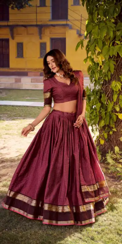 Wine Chettinad Cotton Chex Zari Work Lehenga Choli | Lehenga, Bollywood Lehenga, Creative Lehenga, Designer Lehenga, Embroidered Lehenga, Party Wear Lehenga
