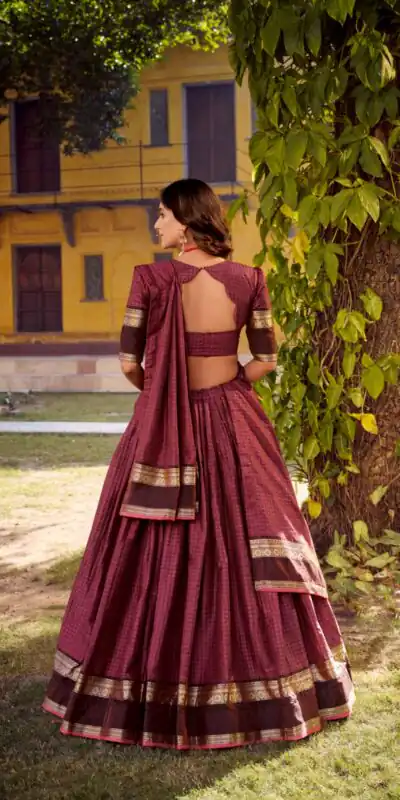 Wine Chettinad Cotton Chex Zari Work Lehenga Choli | Lehenga, Bollywood Lehenga, Creative Lehenga, Designer Lehenga, Embroidered Lehenga, Party Wear Lehenga