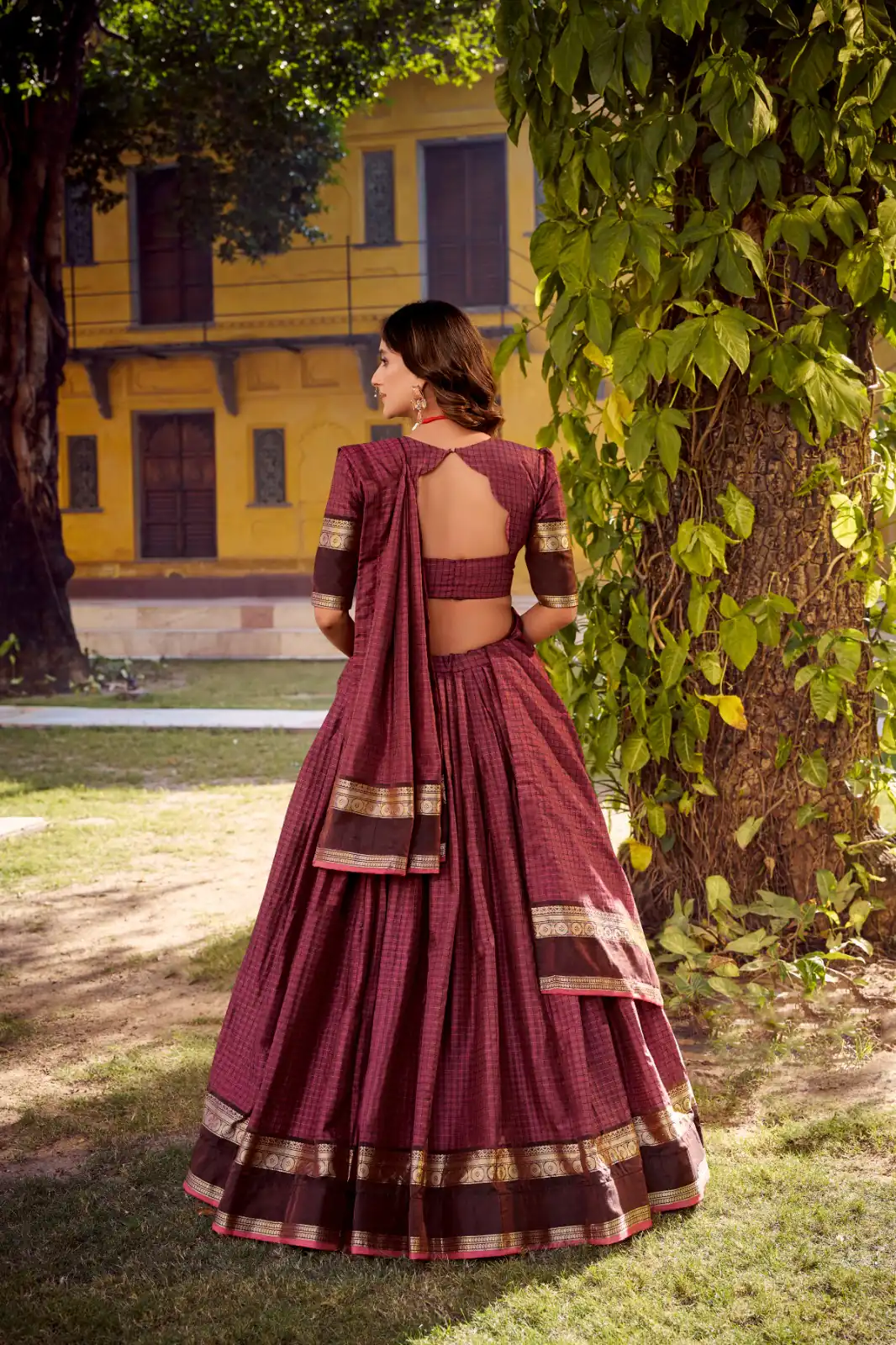 Wine Chettinad Cotton Chex Zari Work Lehenga Choli | Lehenga, Bollywood Lehenga, Creative Lehenga, Designer Lehenga, Embroidered Lehenga, Party Wear Lehenga