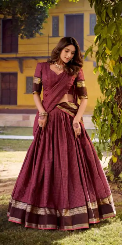 Wine Chettinad Cotton Chex Zari Work Lehenga Choli | Lehenga, Bollywood Lehenga, Creative Lehenga, Designer Lehenga, Embroidered Lehenga, Party Wear Lehenga