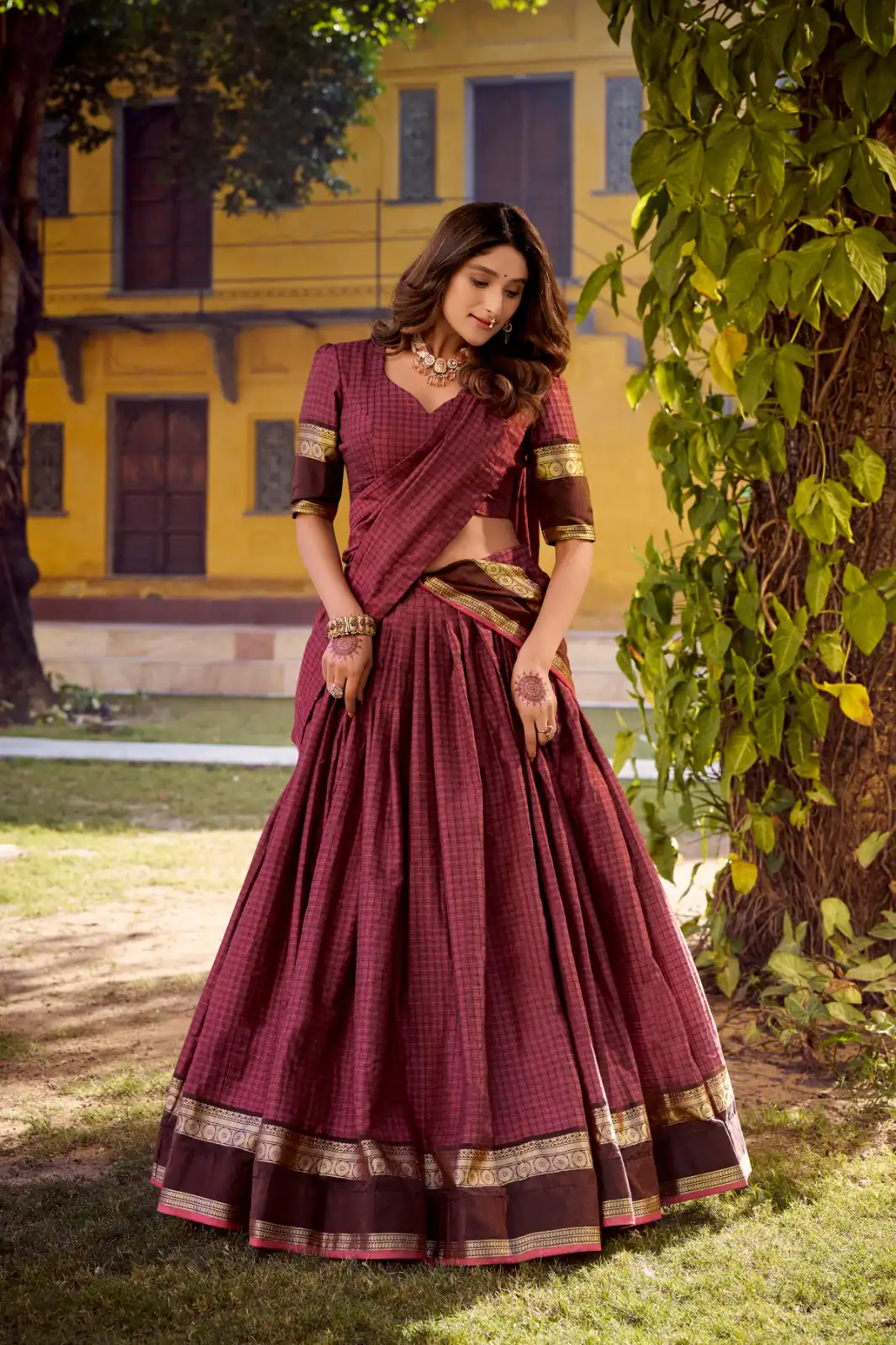 Wine Chettinad Cotton Chex Zari Work Lehenga Choli | Lehenga, Bollywood Lehenga, Creative Lehenga, Designer Lehenga, Embroidered Lehenga, Party Wear Lehenga