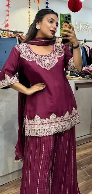 Wine Chinnon Silk Lace Embroidery Work Salwar Suit | Jump Suits, Salwar suit, Casual Suits, Creative suits, Designer Suits, Palazzo Suits, Party Wear Suits, Patiala Suits, Straight Suits