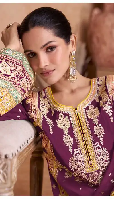 Wine Chinon Embroidery Work Salwar Suit | Jump Suits, Salwar suit, Casual Suits, Creative suits, Designer Suits, Palazzo Suits, Party Wear Suits, Patiala Suits, Straight Suits