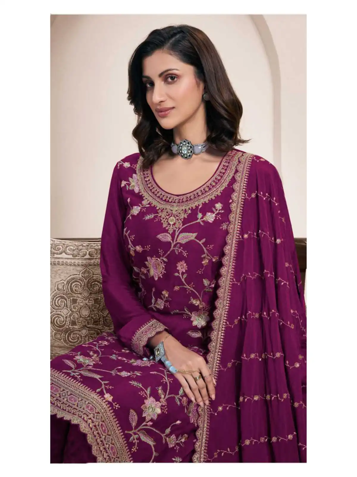 Wine Chinon Multi Work Salwar Suit | Jump Suits, Salwar suit, Casual Suits, Creative suits, Designer Suits, Palazzo Suits, Party Wear Suits, Patiala Suits, Straight Suits